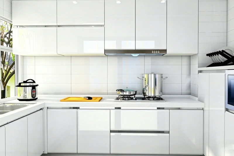 White kitchen cabinets built with water-resistant cabinet glue for humid kitchen environments