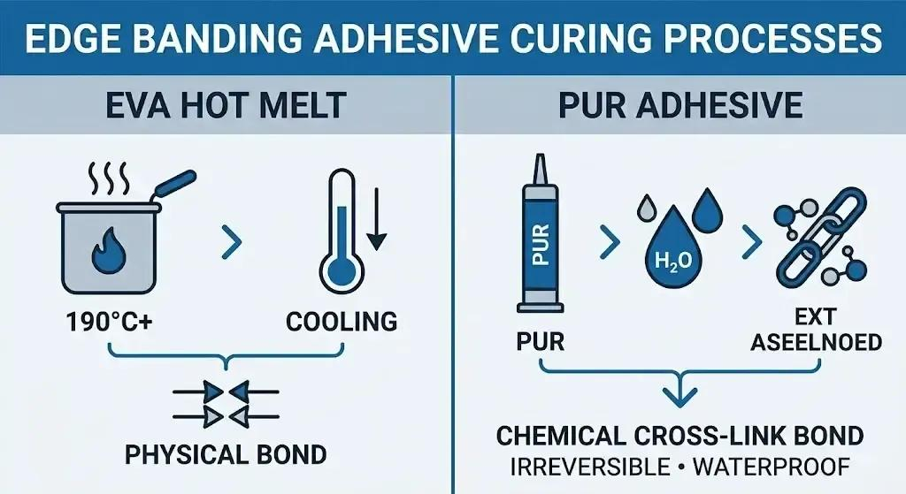EVA hot melt cools into a physical bond while PUR adhesive forms a chemical cross-link bond